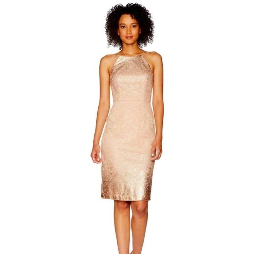 Adrianna Papell Rose Gold Lace Sheath Halter Cut Midi Size Cocktail Dress